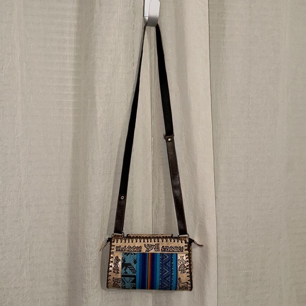 Peruvian Genuine Tooled Graphic Leather Stripe Mini Crossbody Bag - Picture 4 of 12